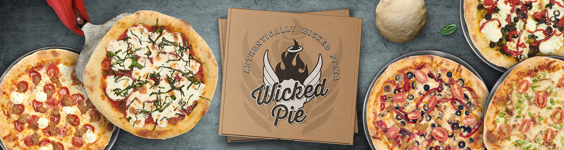 Variety of gourmet pizzas from Wicked Pie restaurant