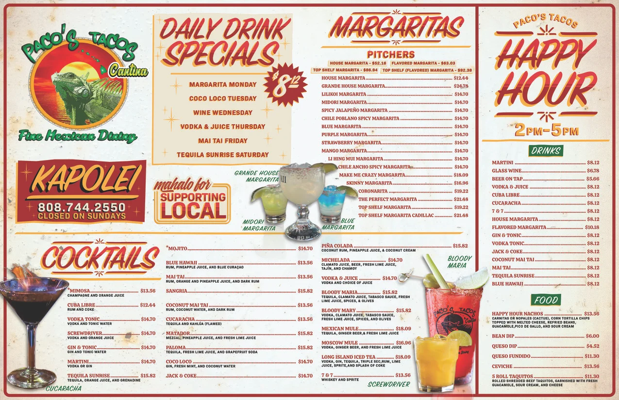 Colorful drink menu featuring margaritas and cocktails at a Mexican restaurant