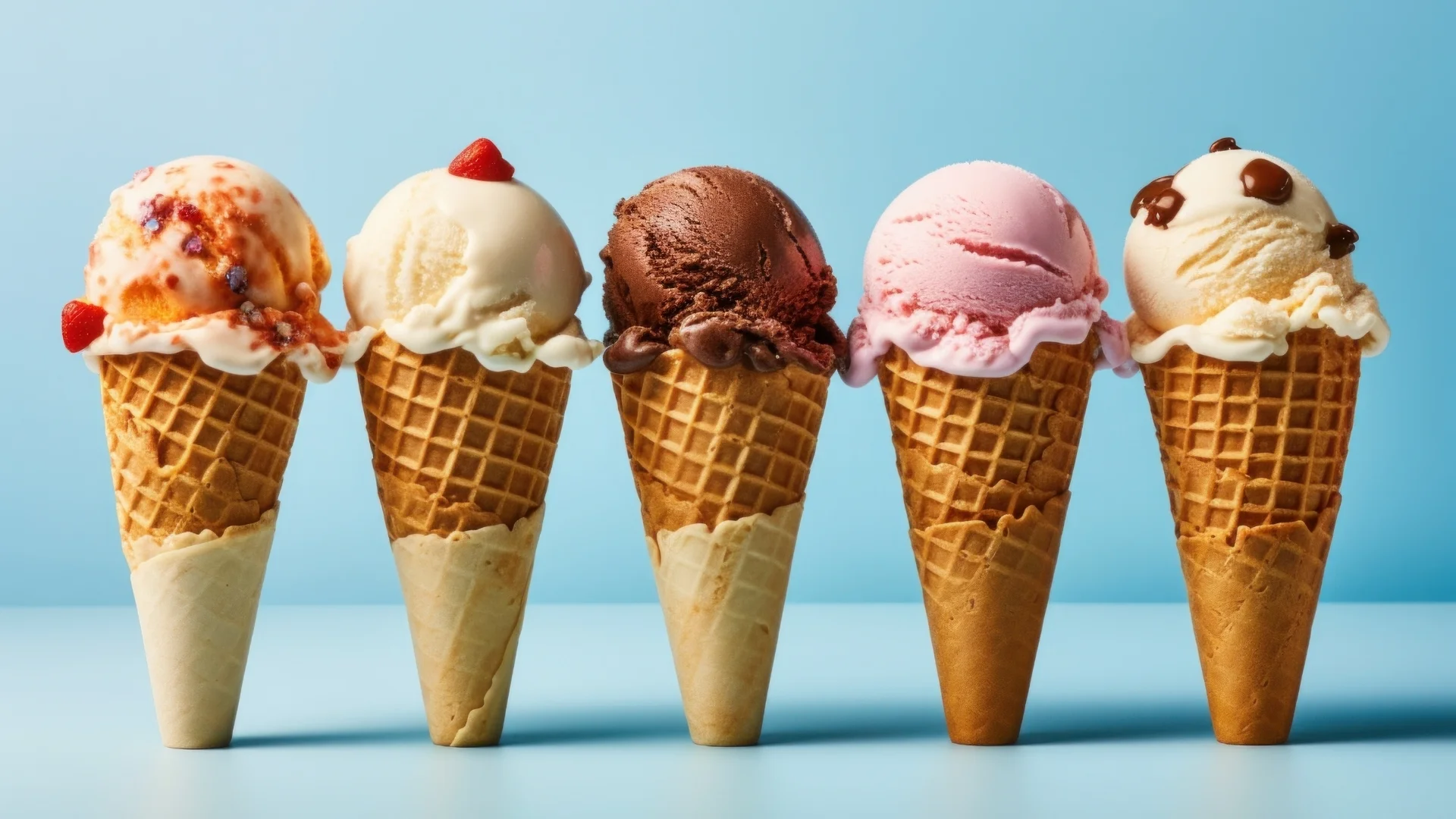 Colorful ice cream cones in various flavors