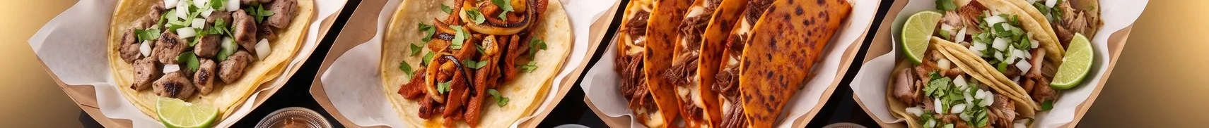 Assorted Mexican tacos with various fillings and garnishes