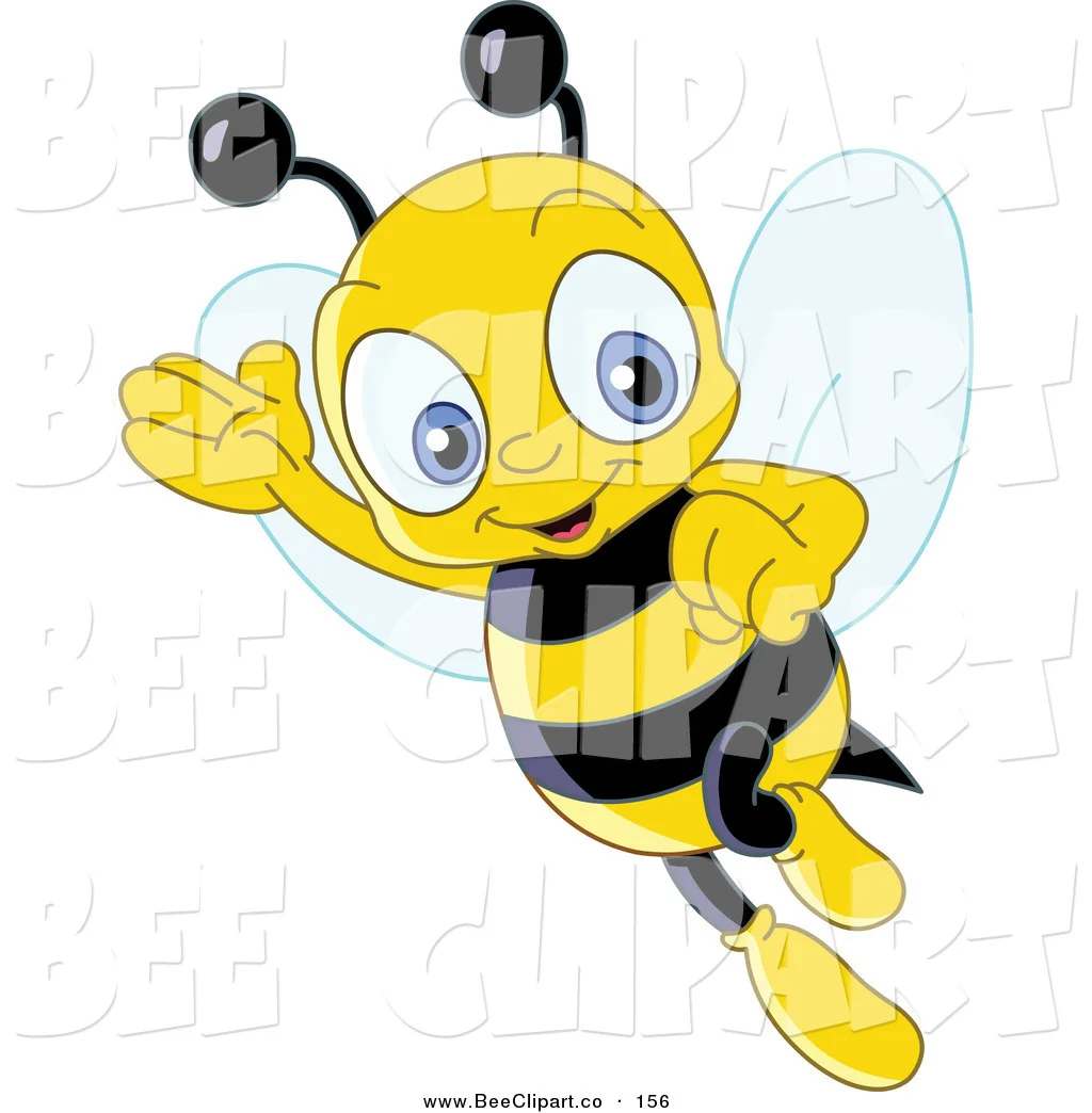 A cheerful animated bee character with big eyes, wearing black and yellow stripes and small wings, waving enthusiastically.