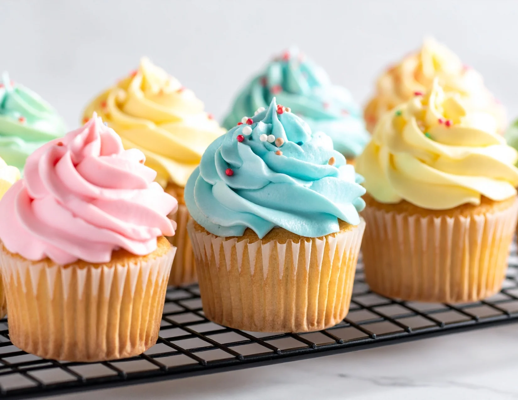Colorful cupcakes with swirled frosting on a cooling rack