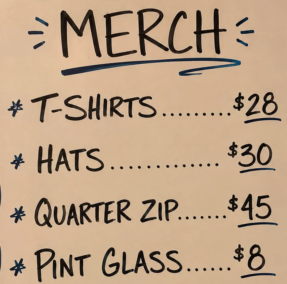 Handwritten merchandise and drink price sign for a bar and grill