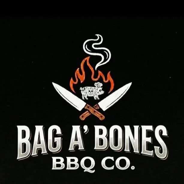 Logo of Bag A' Bones BBQ Co. featuring flames and crossed knives