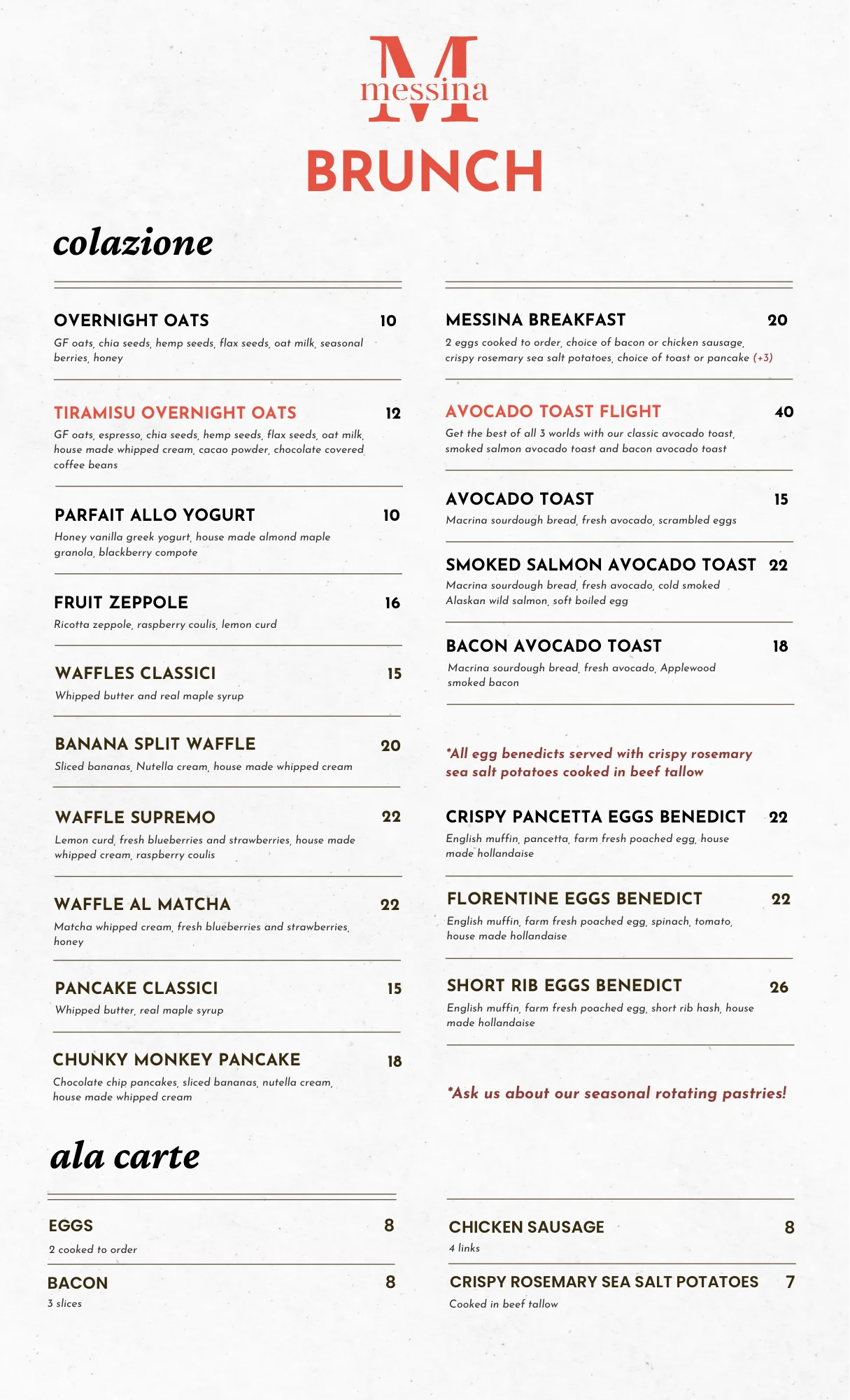 Brunch menu featuring various delicious dishes and beverages.