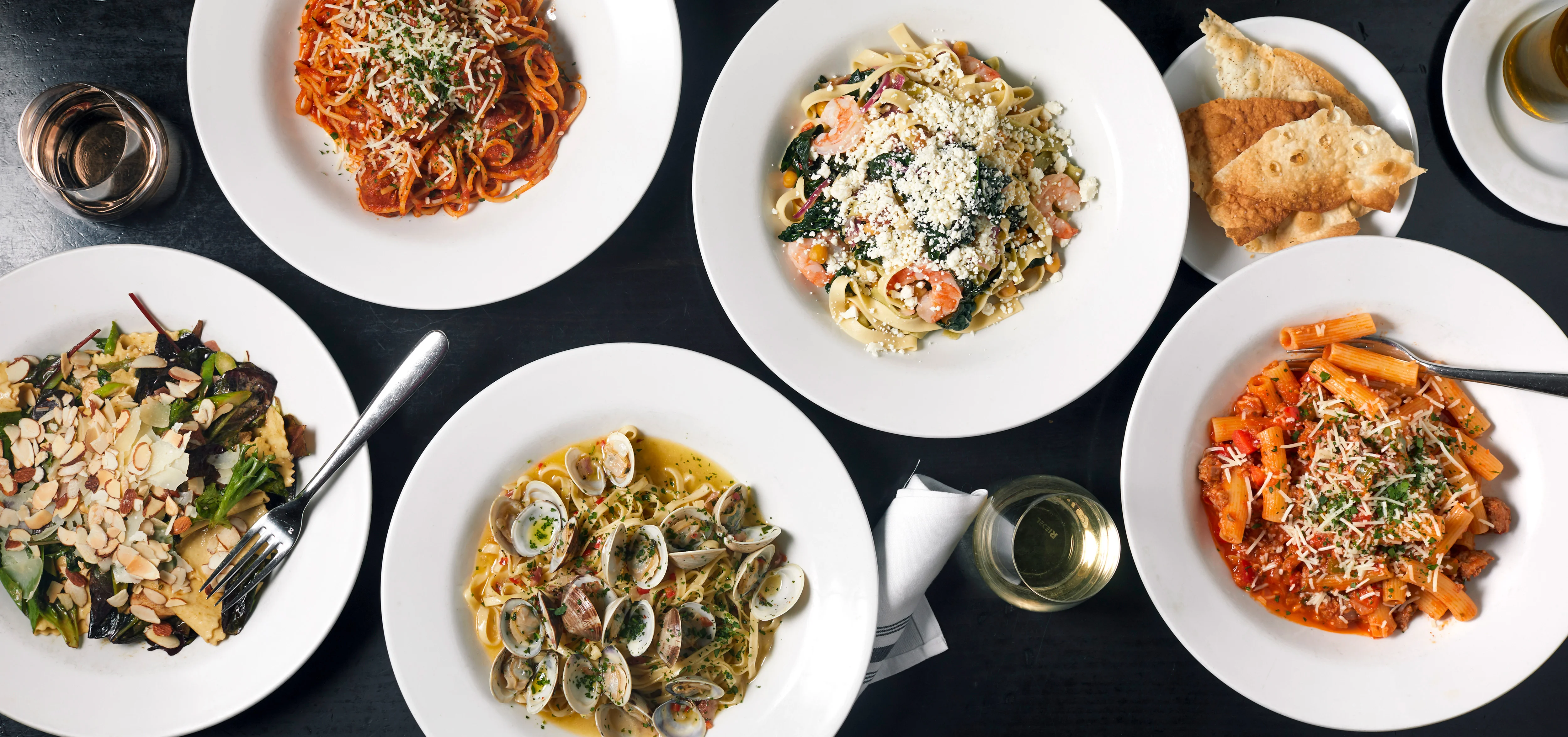 Italian pasta dishes including linguine and rigatoni