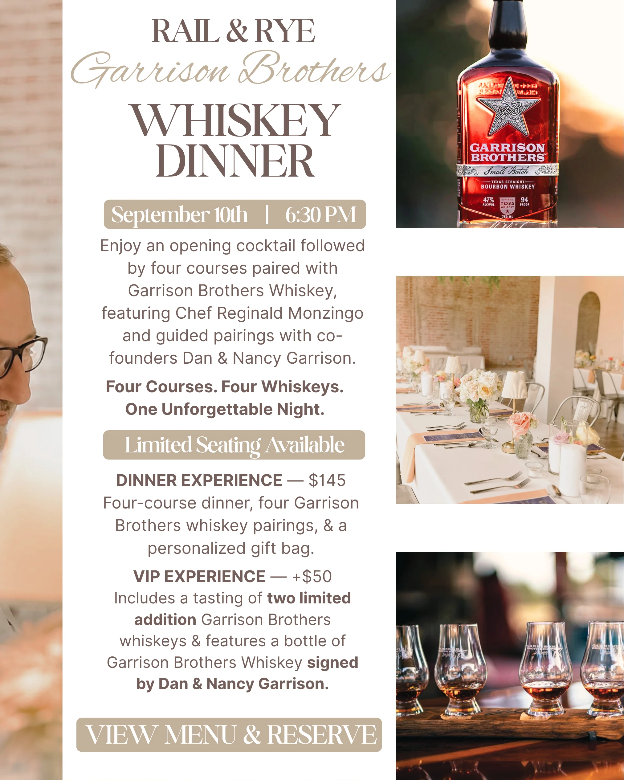 Elegant whiskey dinner setup with glasses and floral decor