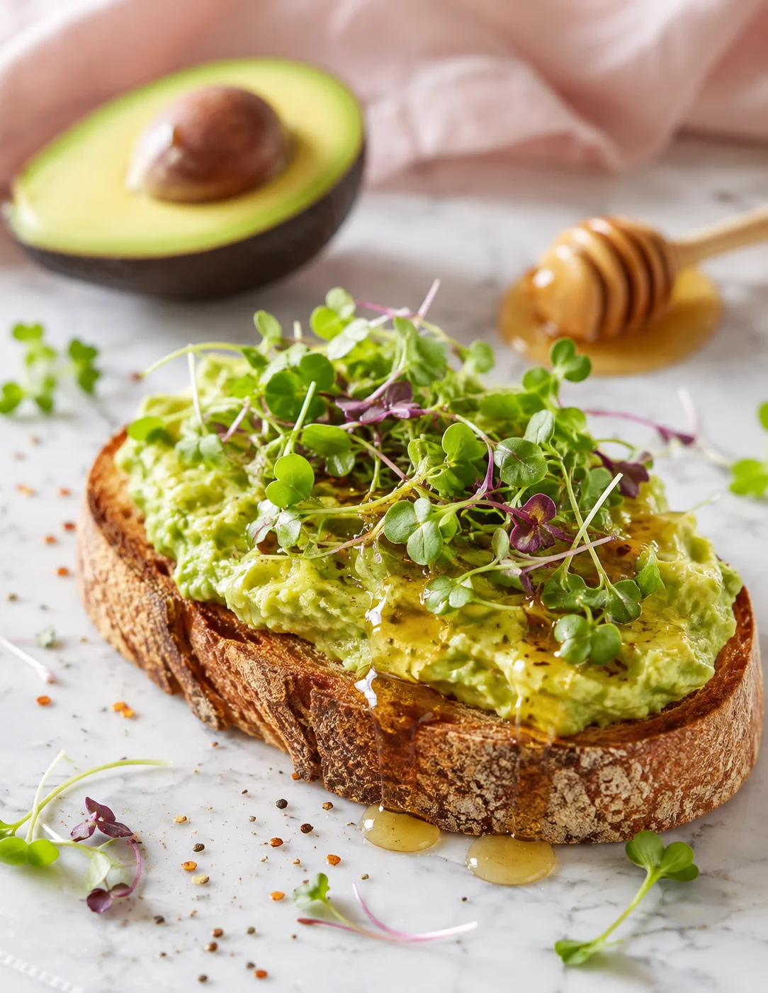Avocado toast topped with microgreens and honey drizzle