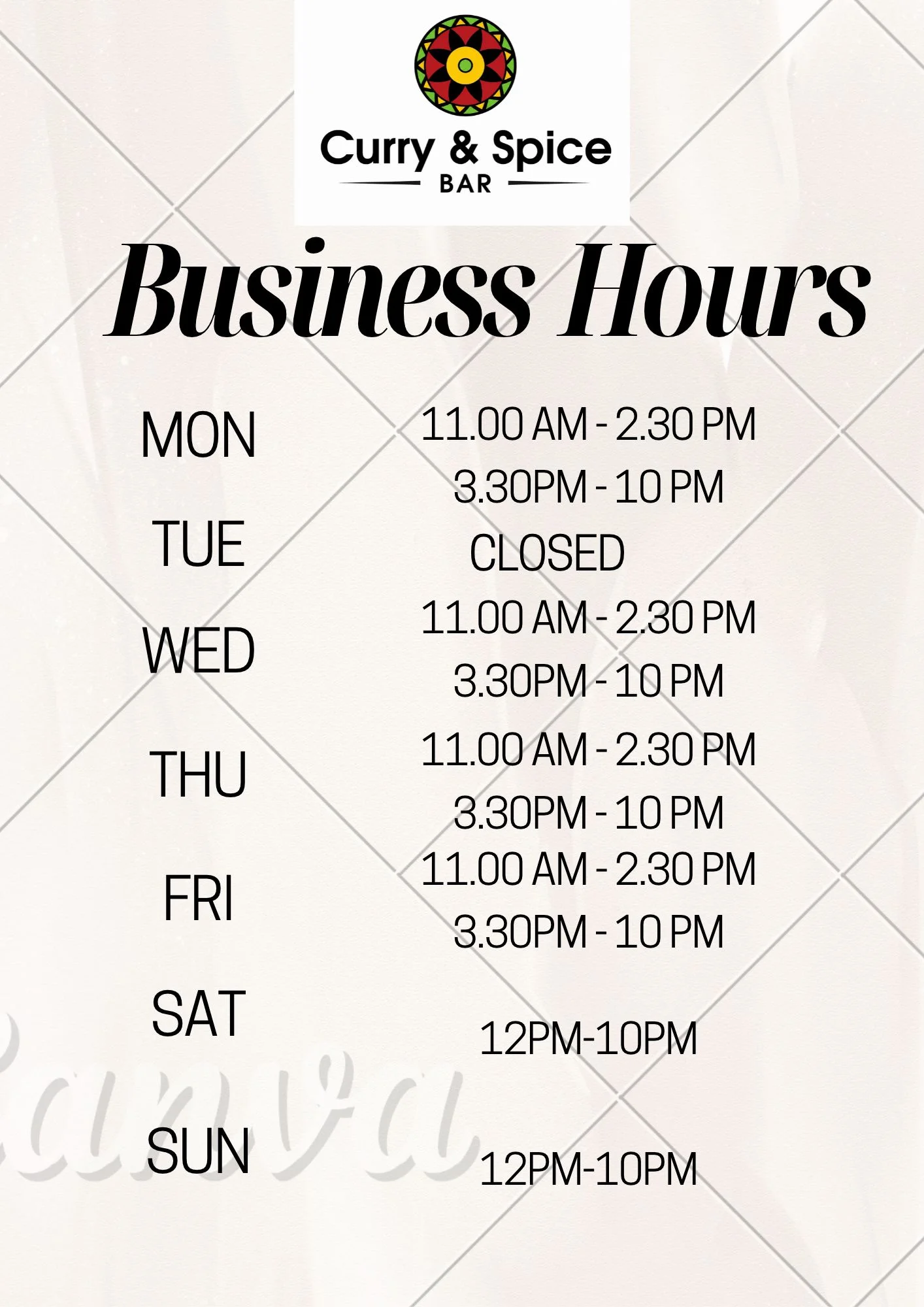Curry & Spice Bar business hours schedule with restaurant logo