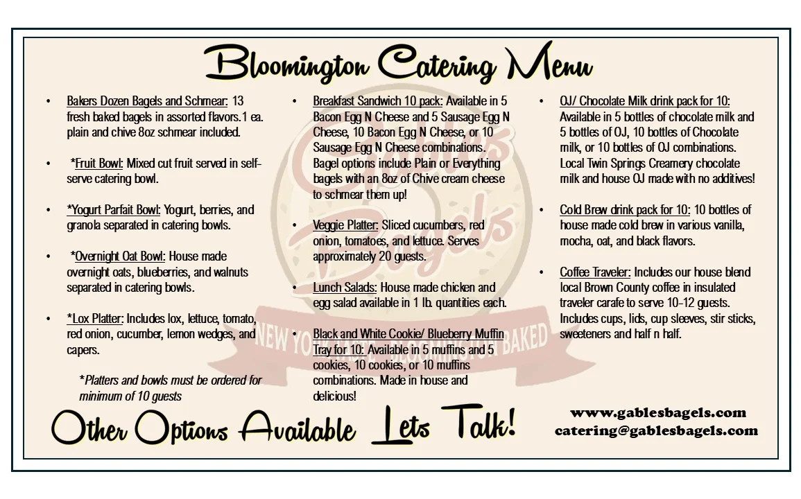 Catering menu featuring assorted bagels and breakfast options