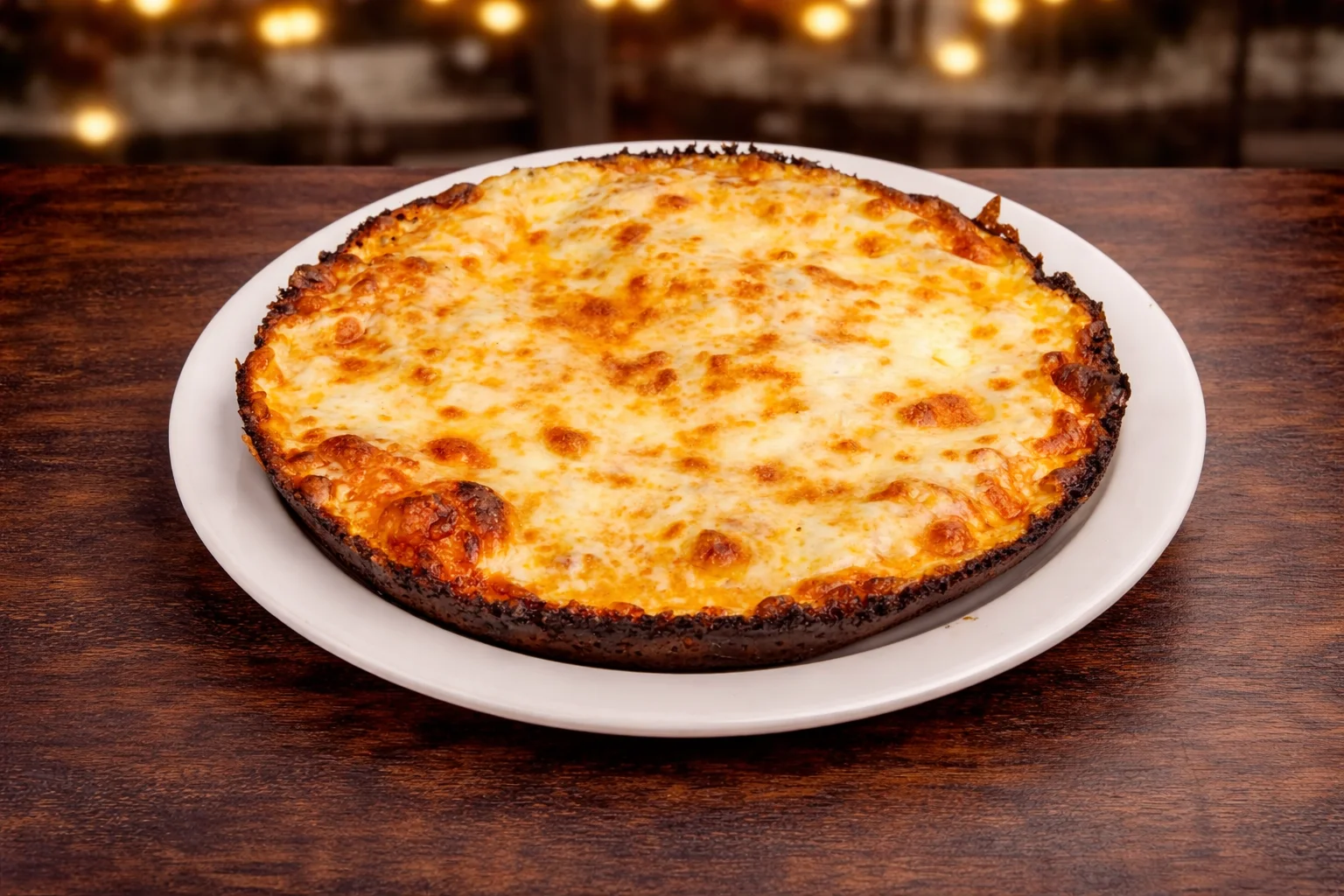 Deep-dish cheese pizza served hot