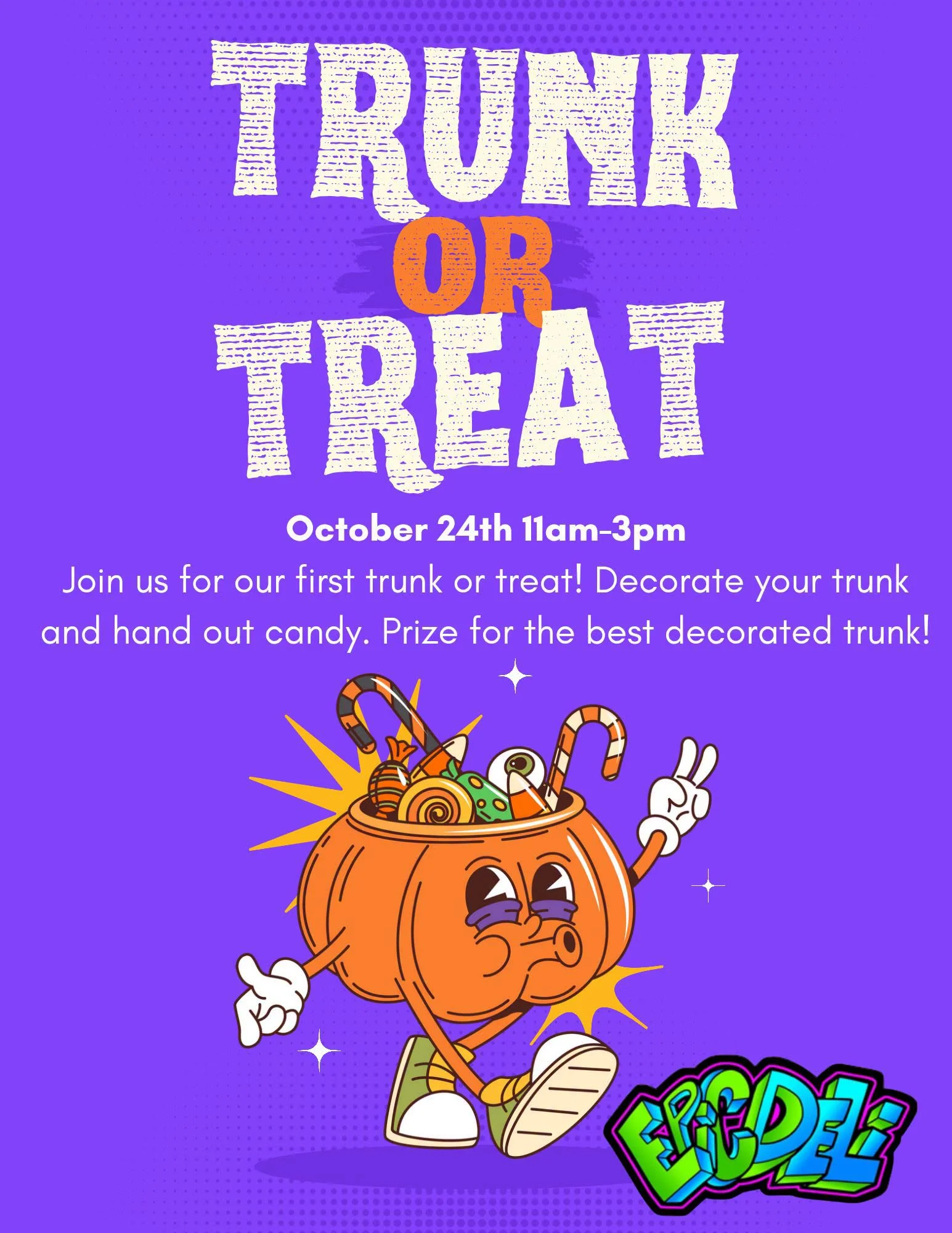 Colorful trunk or treat event poster with pumpkin character and festive details