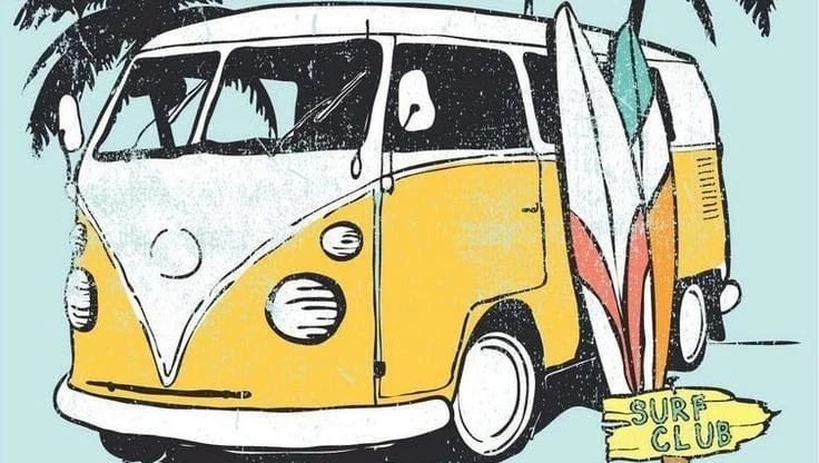 Vintage yellow surf van with surfboards and palm trees
