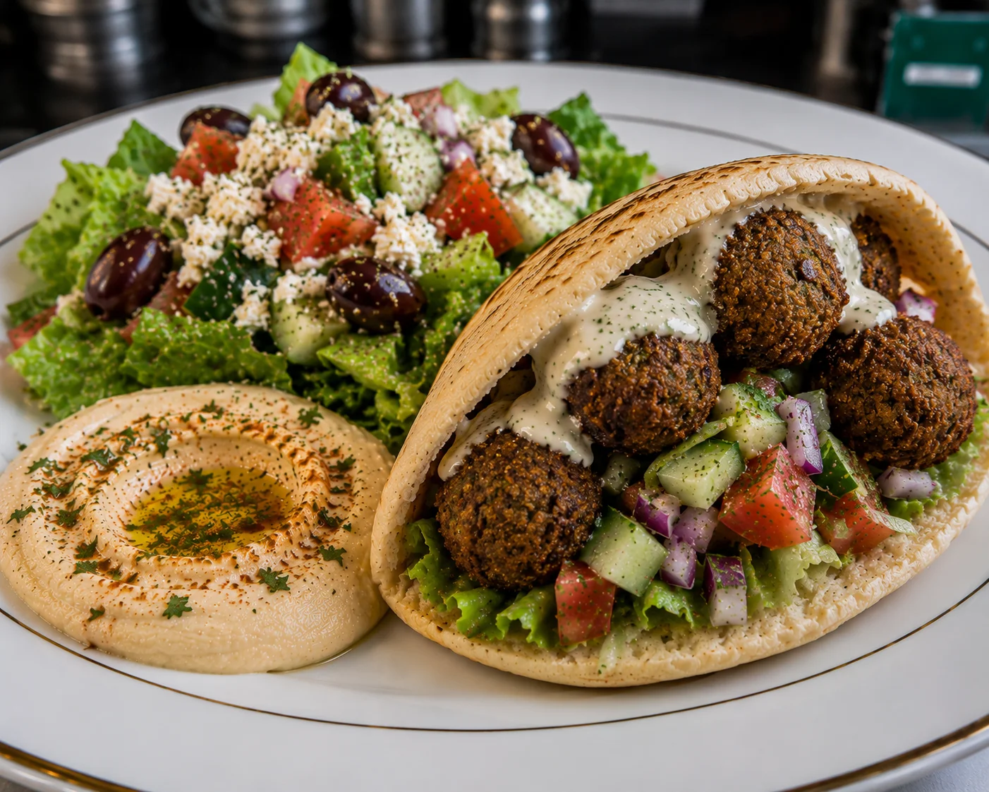 A pita filled with falafel balls, fresh vegetables, and tahini sauce, alongside hummus and a garden salad.