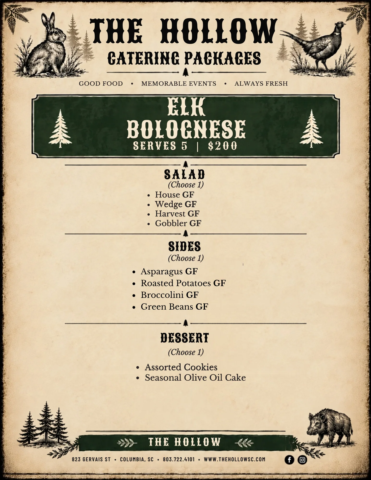 Catering menu graphic for a restaurant offering a three-course meal package