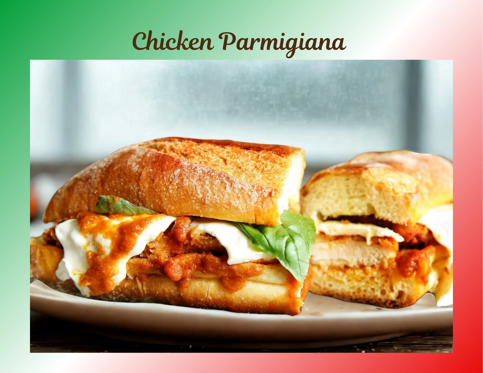 A chicken parmigiana sandwich featuring crispy chicken, marinara sauce, and melted cheese on a toasted roll, garnished with leafy greens.