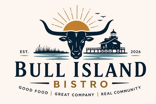 A logo for Bull Island Bistro featuring a bull's head, a lighthouse, and a sun setting over water, conveying themes of community and good food.