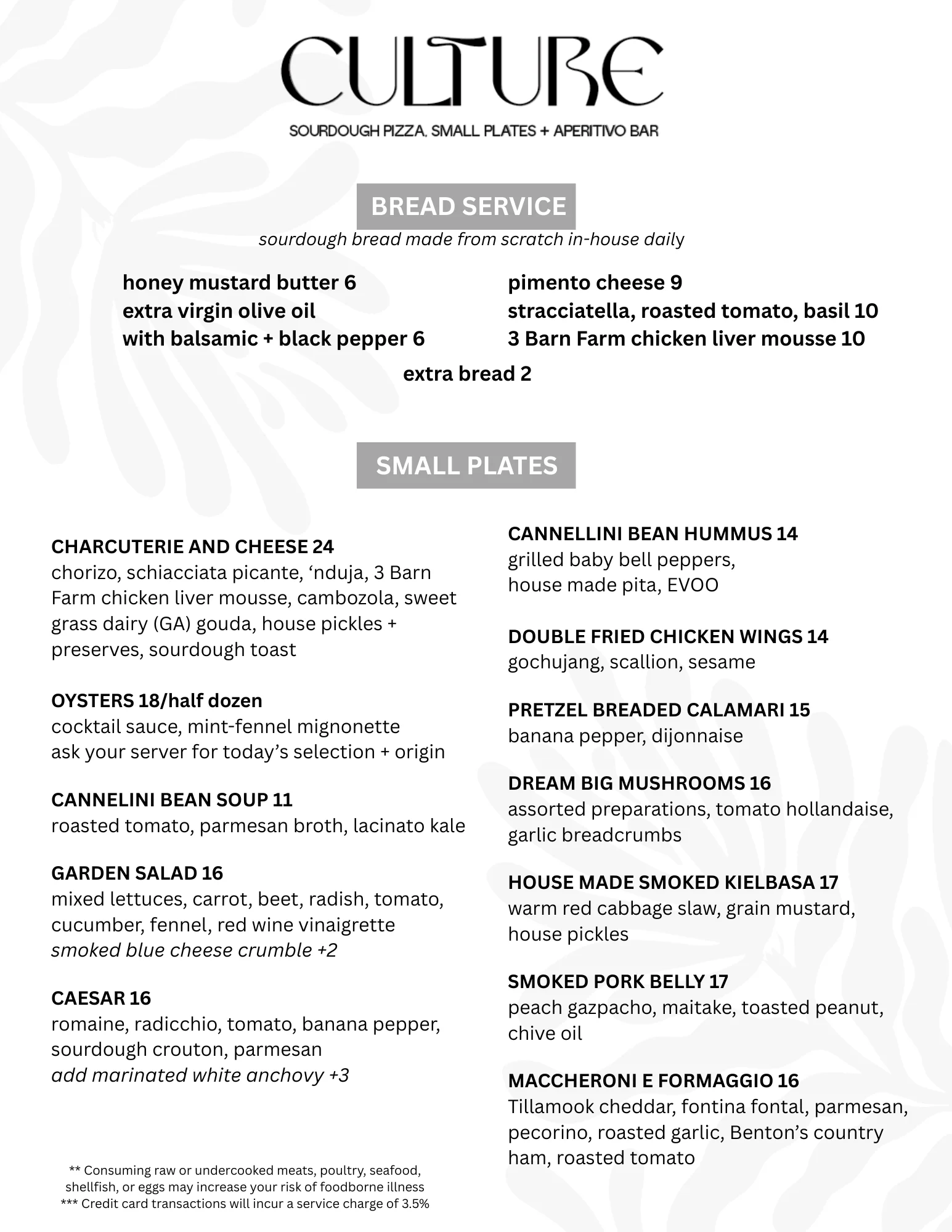 Menu featuring diverse small plates and sourdough bread service
