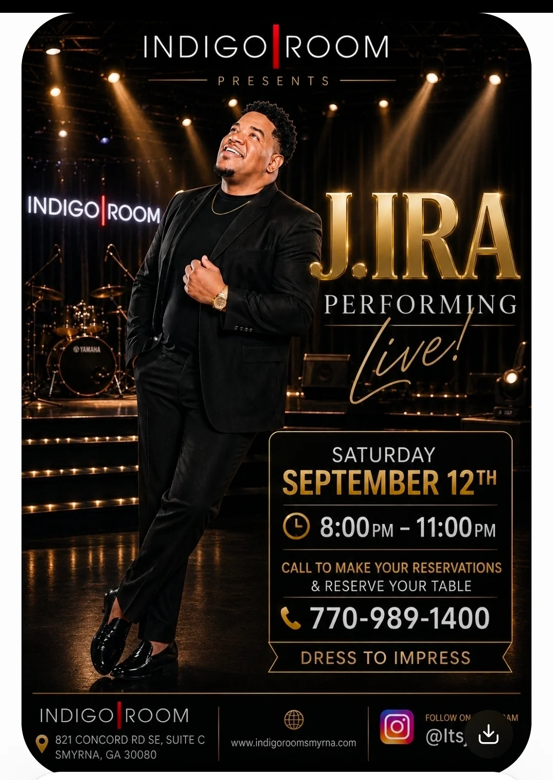 Live performance announcement at Indigo Room featuring J. IRA