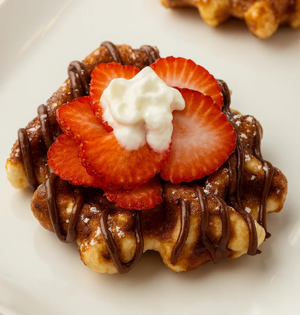 Belgian waffle topped with strawberries and whipped cream