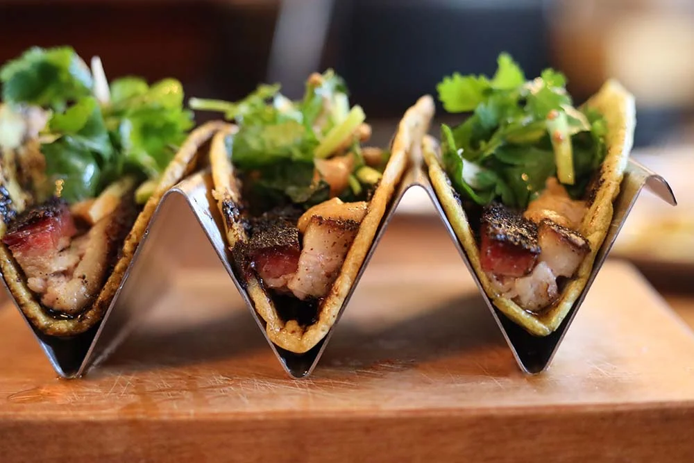 Grilled pork tacos with fresh cilantro and onions