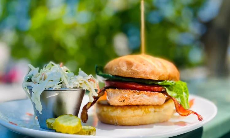 Grilled chicken sandwich with bacon and coleslaw