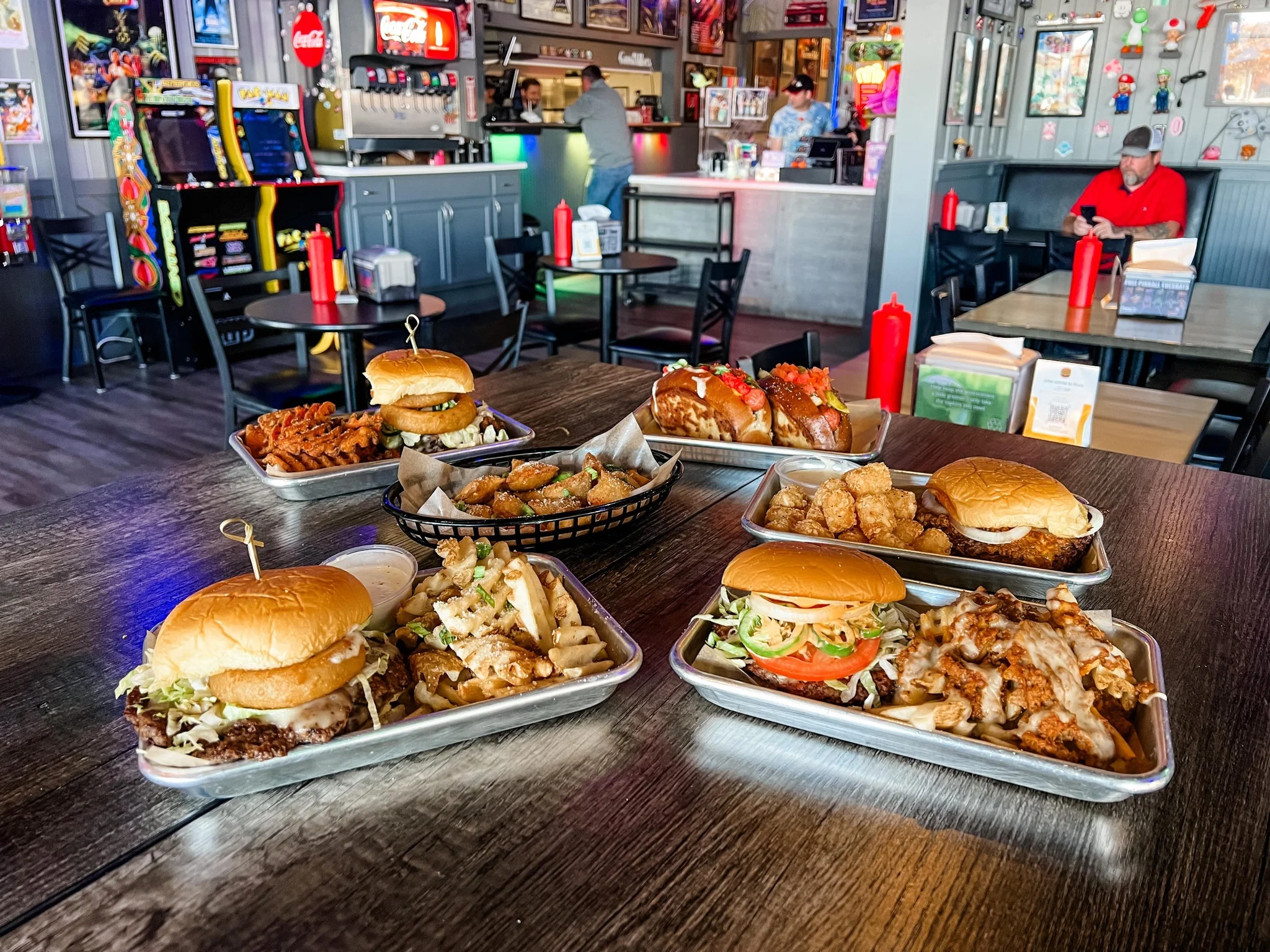 Casual dining with burgers and fries in a vibrant restaurant