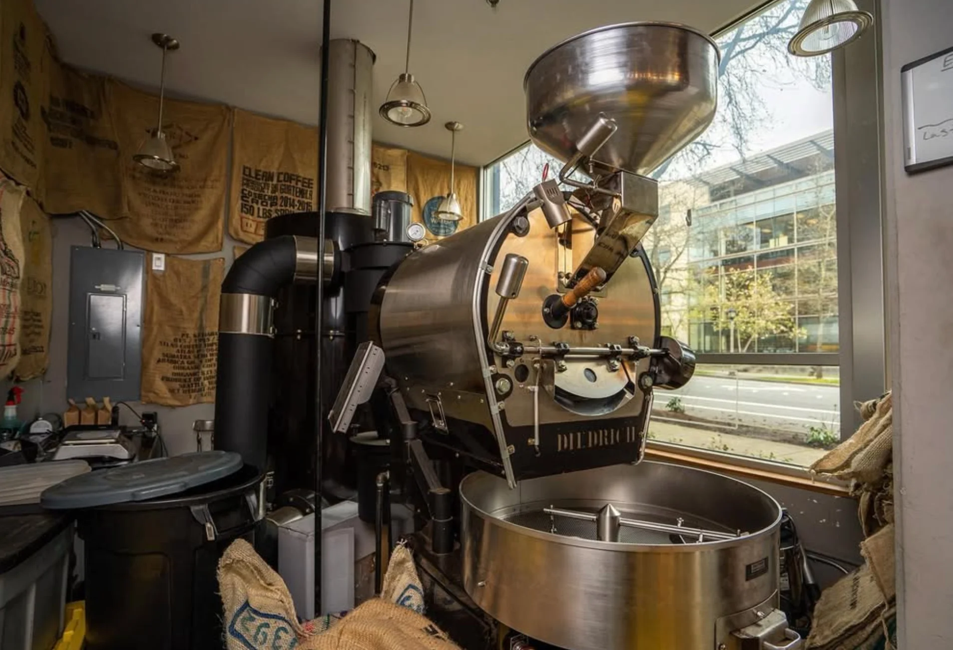 Coffee roasting machine in a modern café