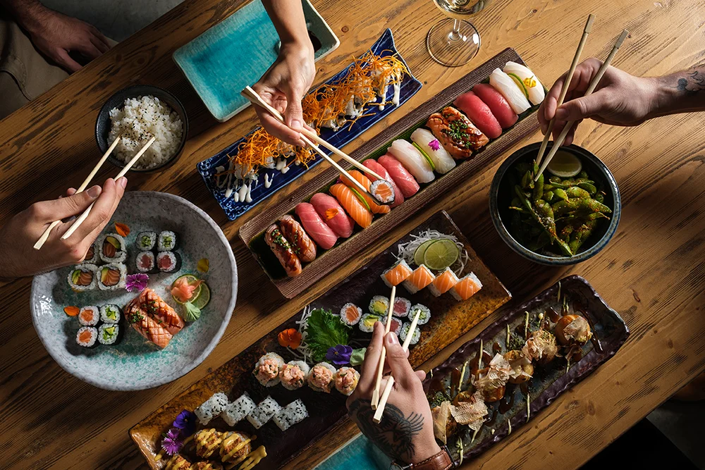 Assorted Japanese sushi platter with chopsticks