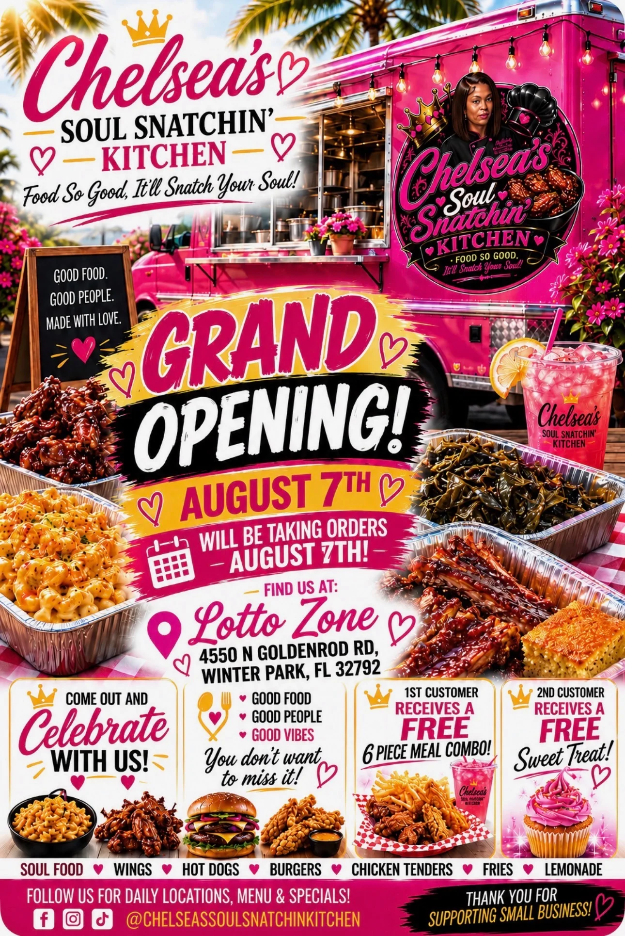 Grand opening of a soul food kitchen with vibrant dishes and festive decor