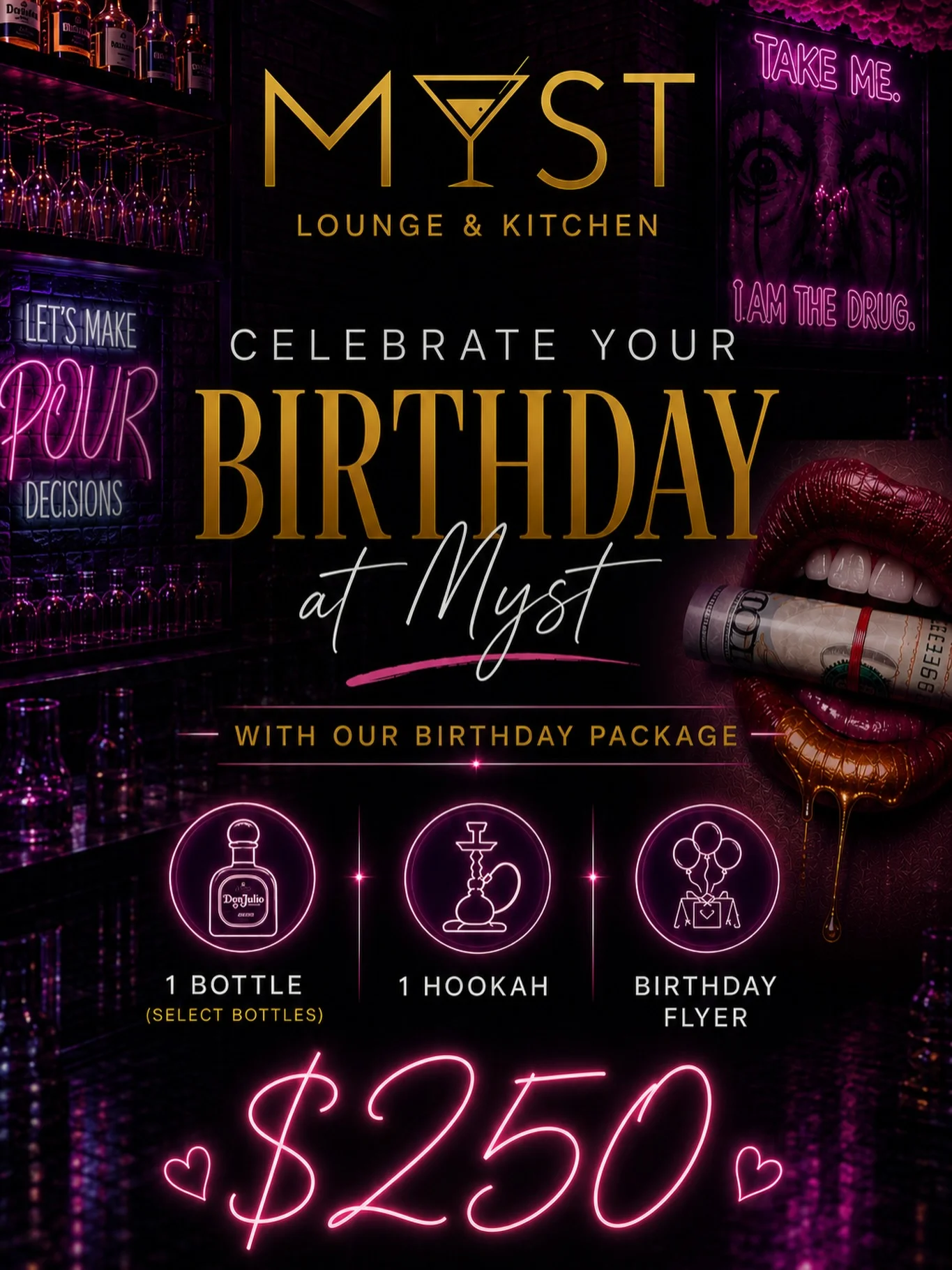 A promotional poster for R&B Thursdays at a lounge, featuring details about special offers and an eye-catching image.