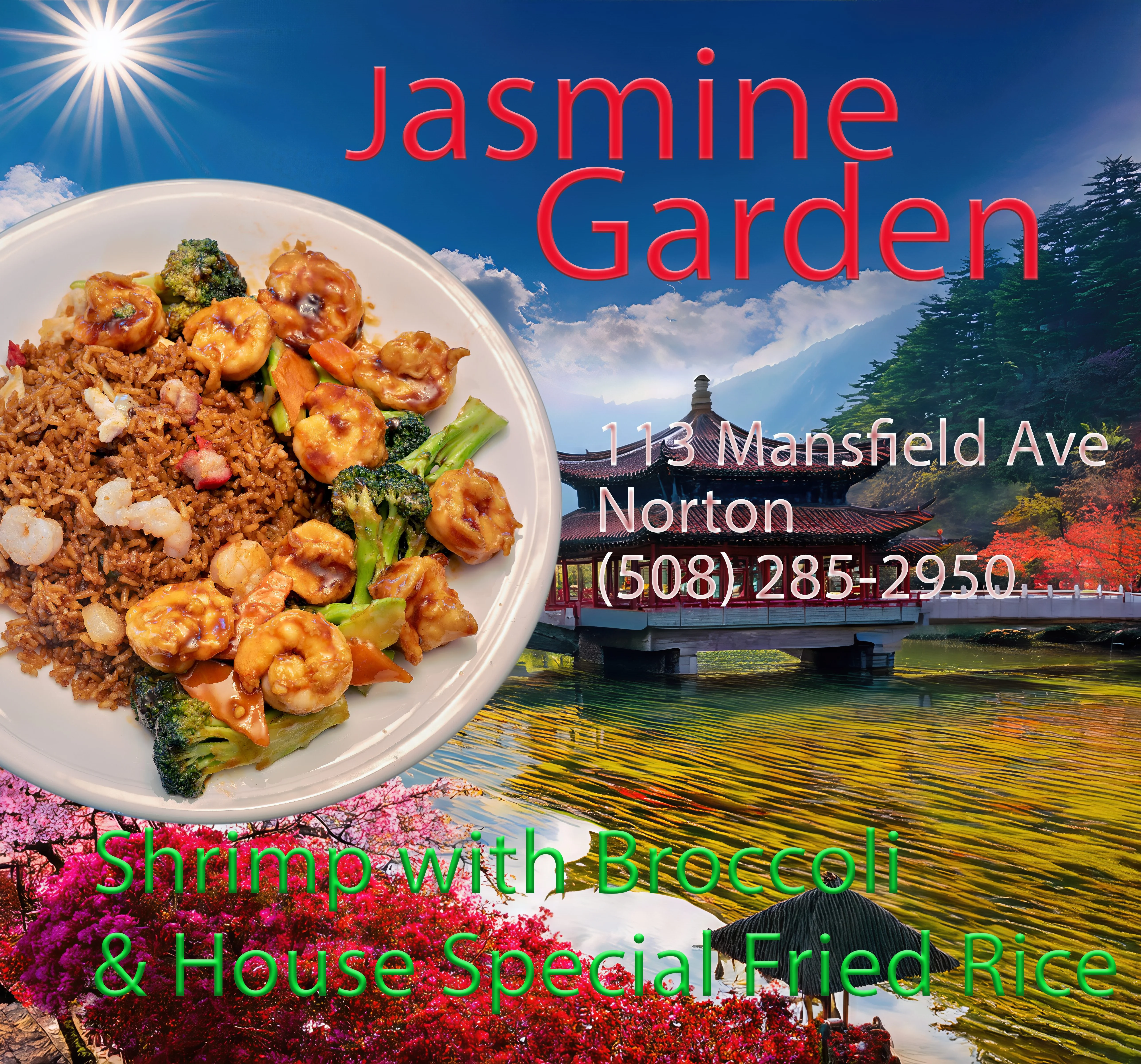 Shrimp and broccoli stir-fry with house special fried rice