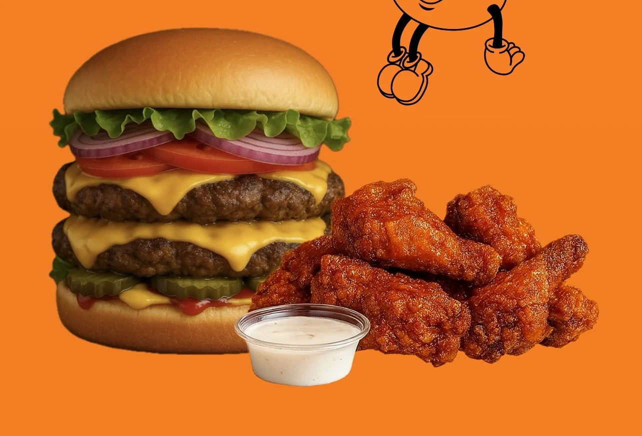 Juicy cheeseburger with crispy wings and ranch dip
