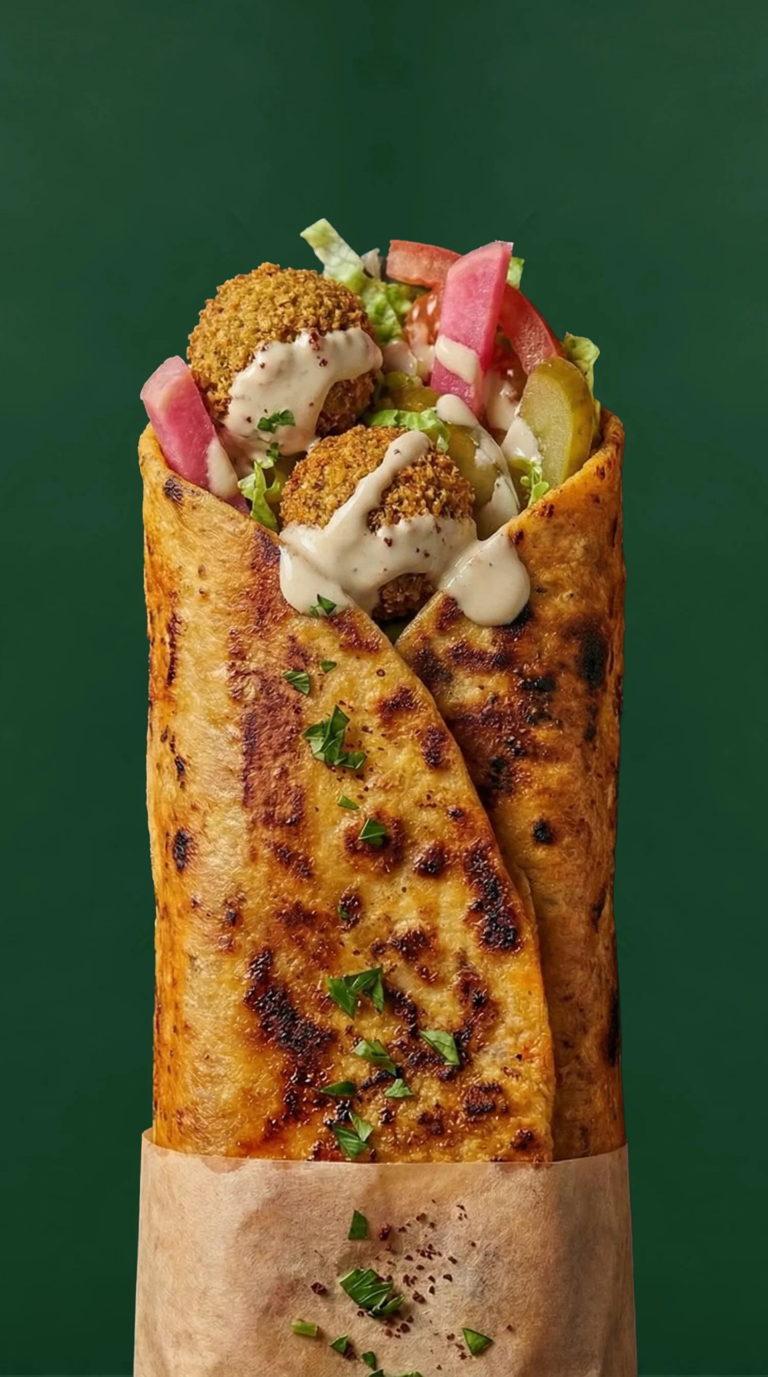 A flavorful wrap filled with crispy falafel, fresh vegetables, pickles, and drizzled with a creamy sauce, all in a grilled tortilla.