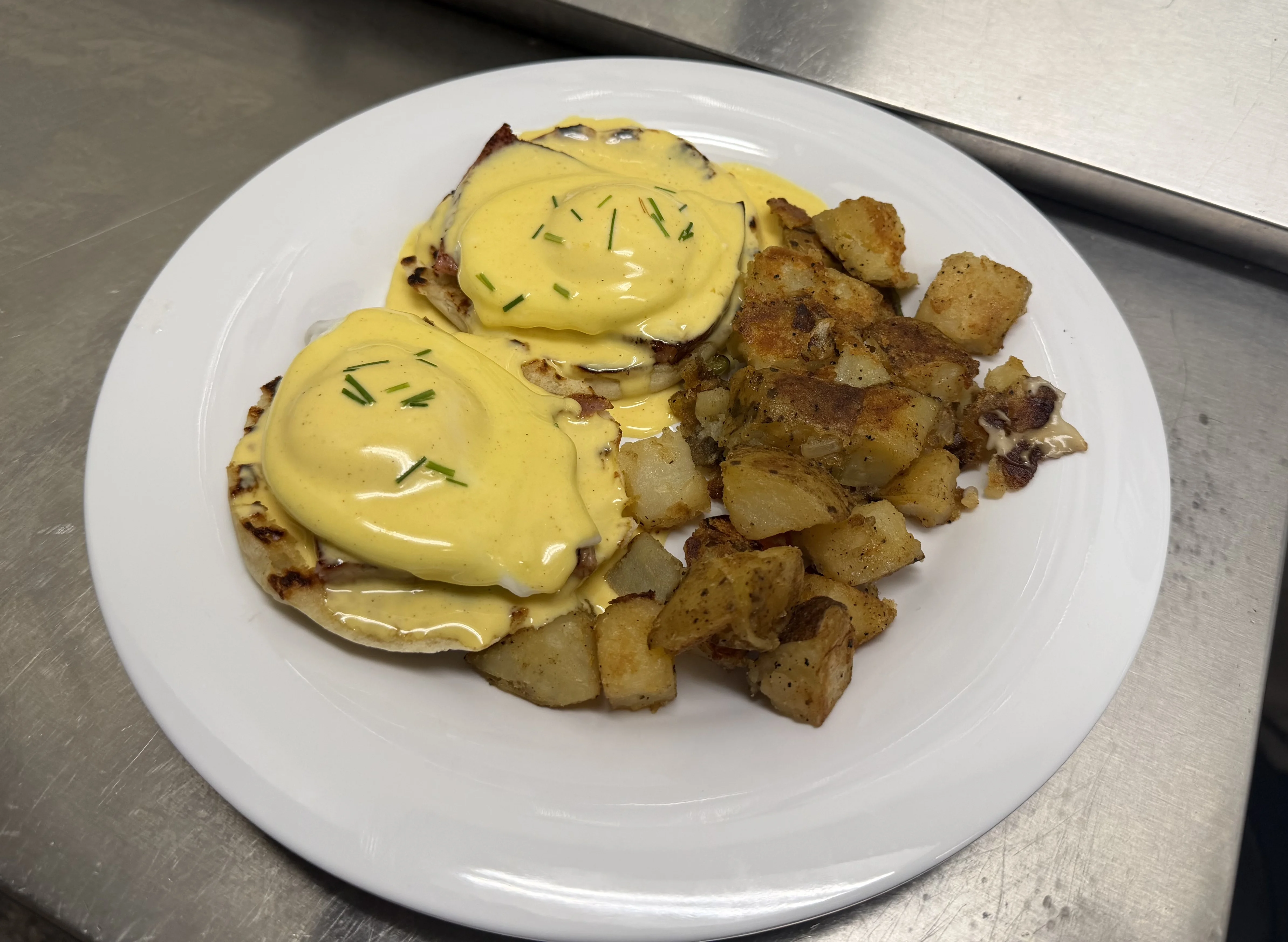 Classic American breakfast burger with fries
