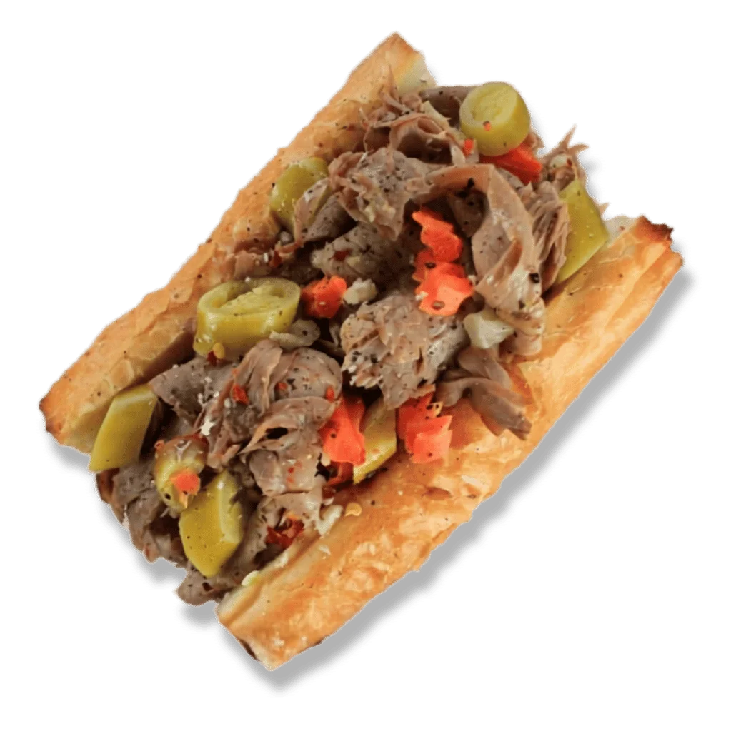 Italian Beef Bomber sandwich with toppings on a wooden board