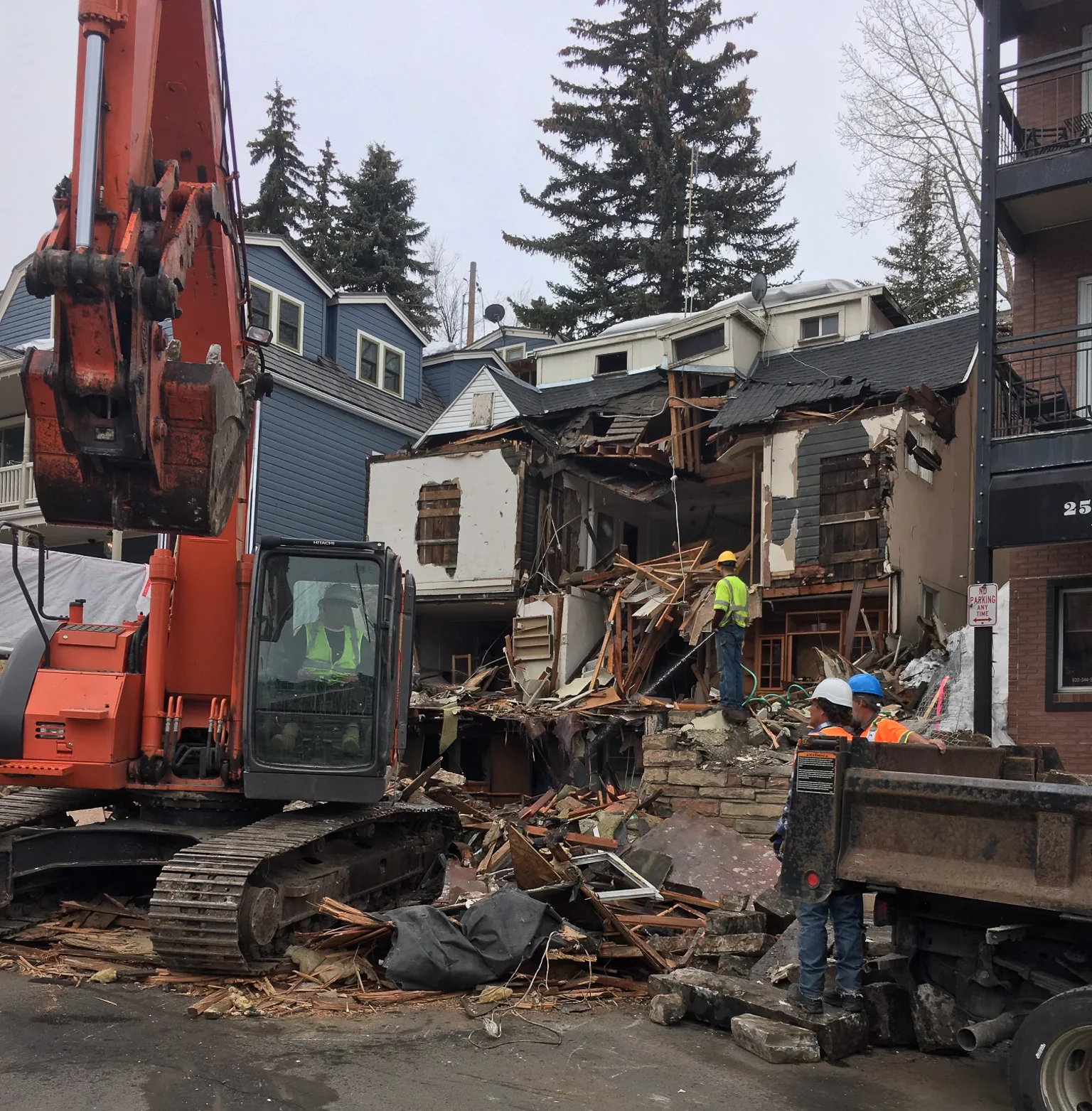 Construction site with building demolition in progress