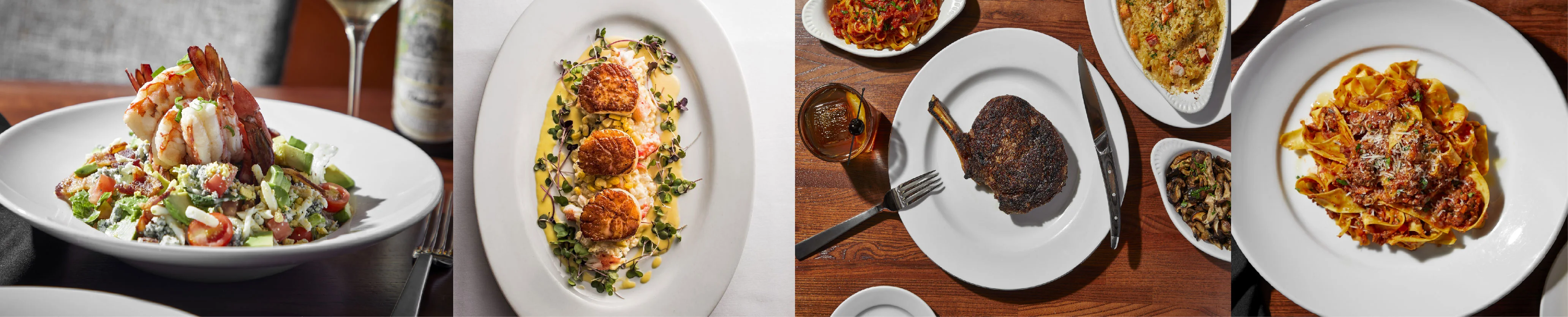 Gourmet seafood dishes including scallops and a ribeye steak