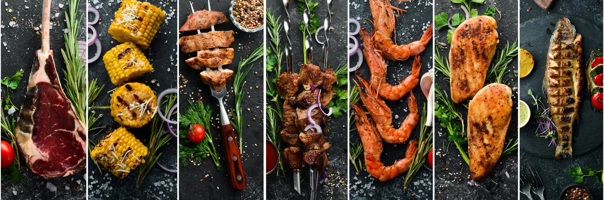 Grilled mixed meats platter featuring steak, chicken, and shrimp