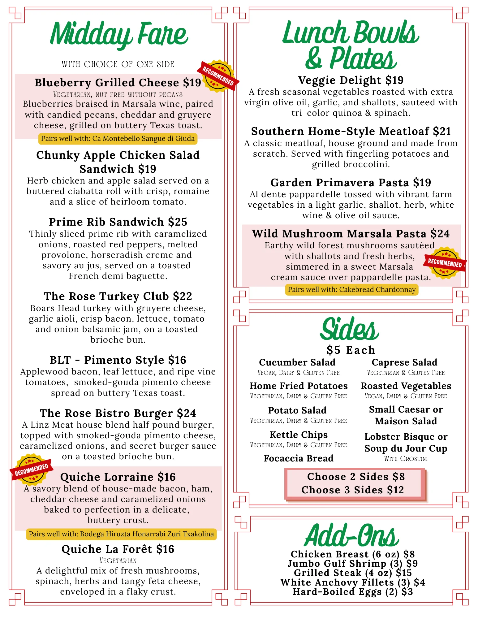 Midday fare menu featuring diverse dishes and quiches