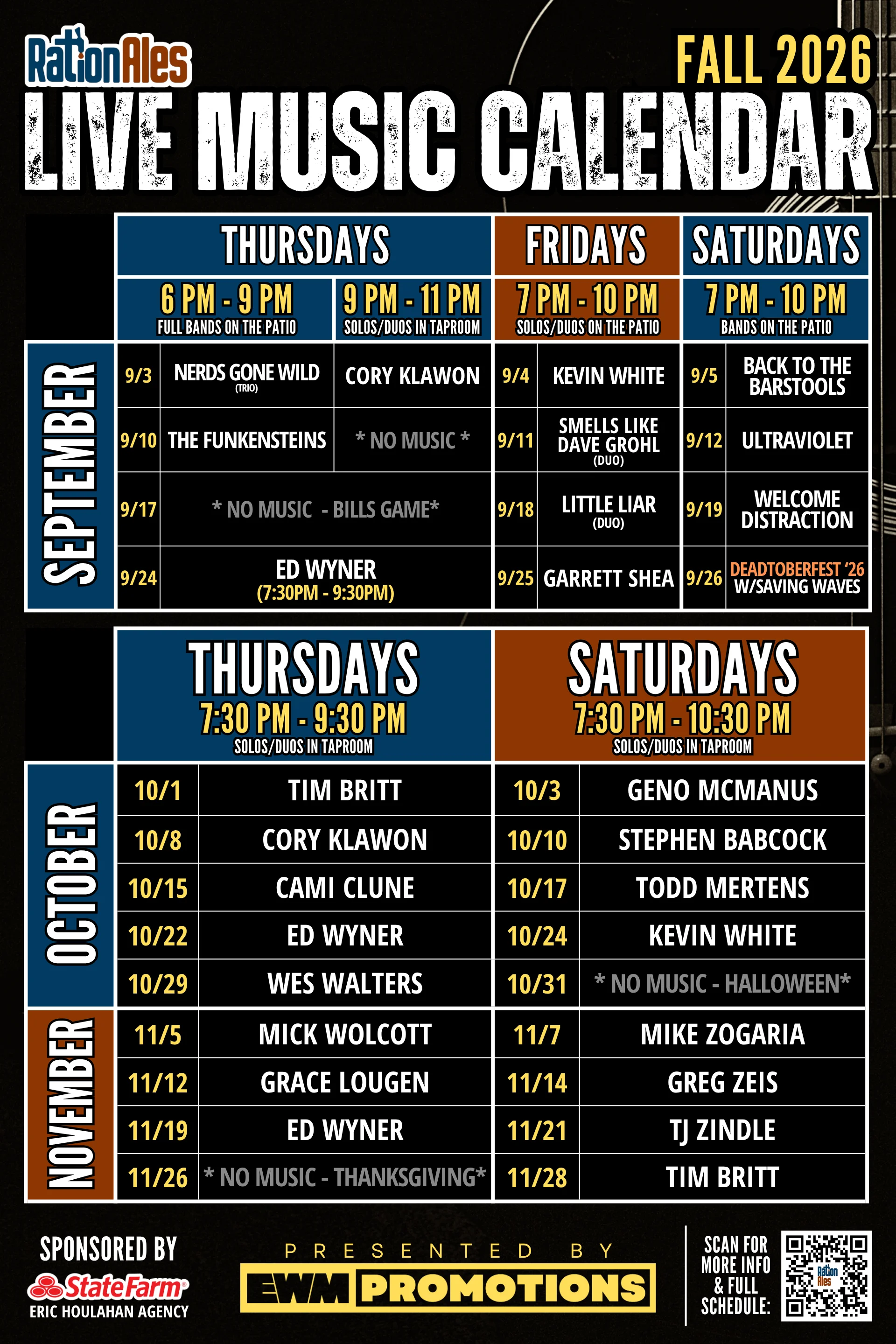 Live music calendar for April and May 2026 at the restaurant.