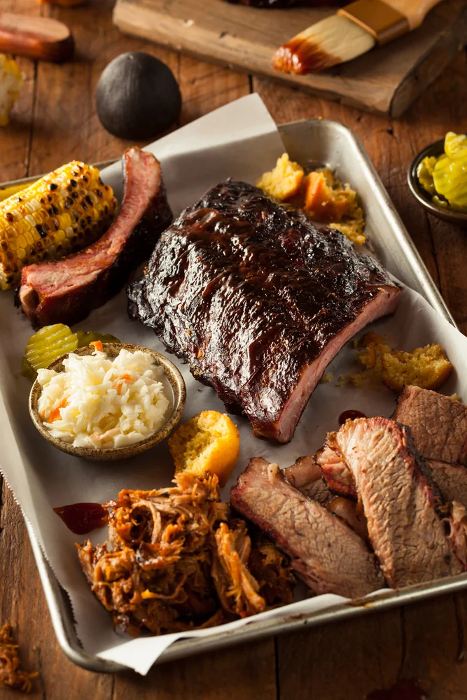 Southern barbecue platter with ribs and pulled pork