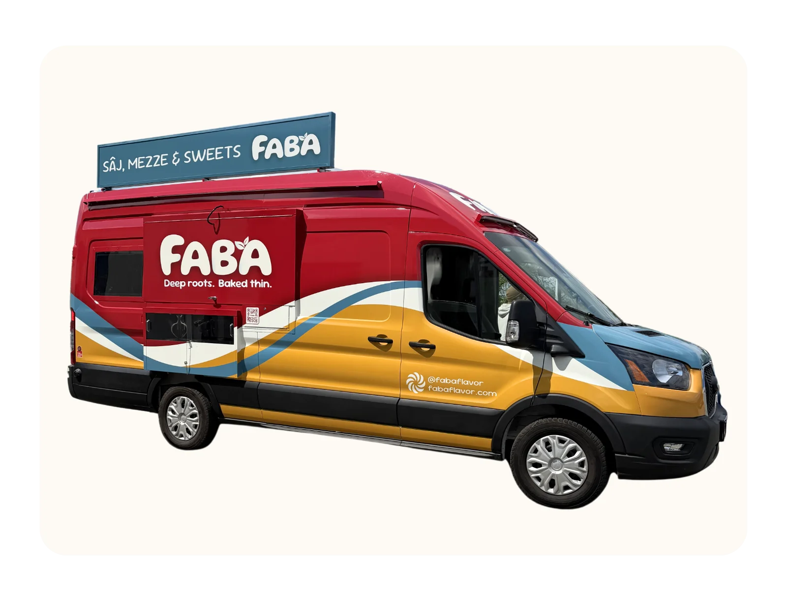 Colorful food truck with 'FABÁ' branding and menu offerings.
