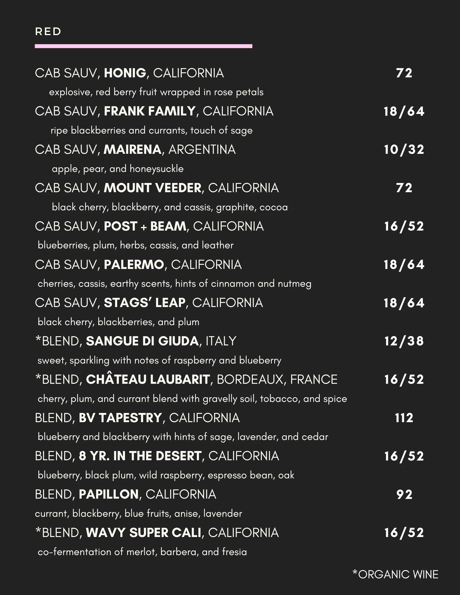 Wine list featuring various red wines from California and Italy