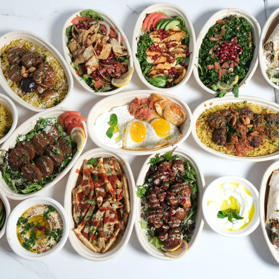 Assorted Mediterranean dishes including kebabs and rice