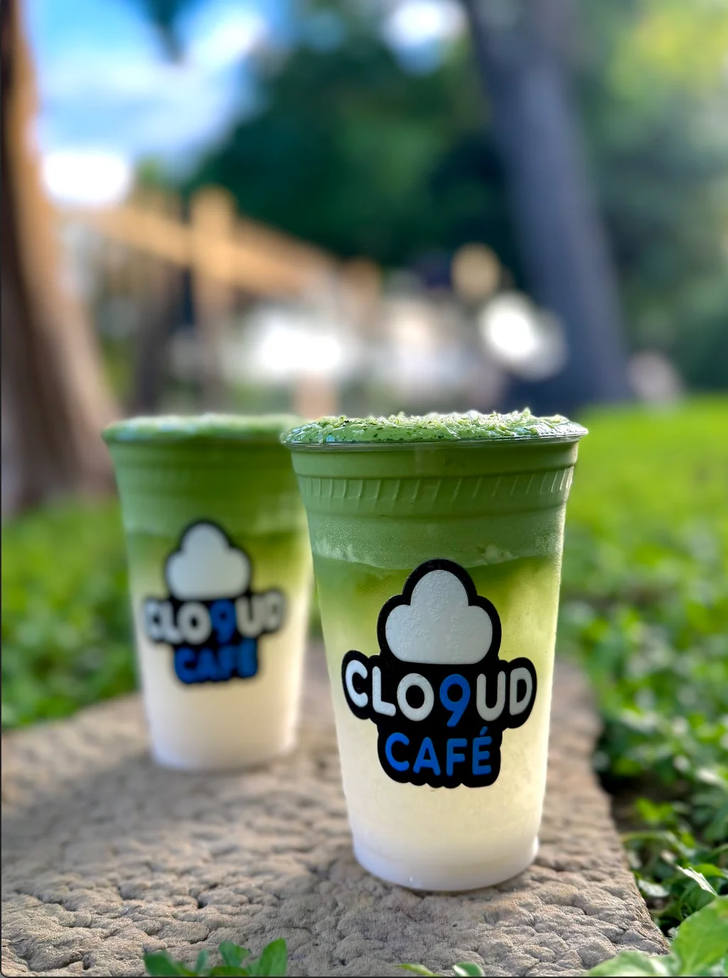 Refreshing matcha latte in clear cups at Cloud Café