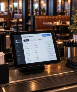 Tablet displaying restaurant reservation list on a bar counter