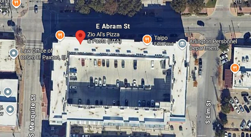 Aerial view of Zio Al's Pizza & Pasta restaurant in Arlington, Texas