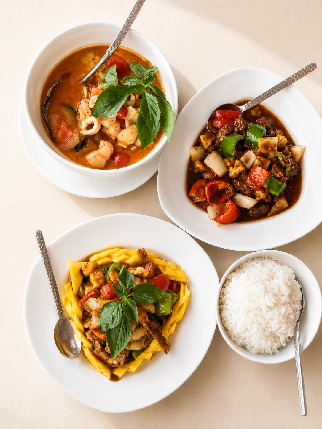 Thai seafood curry with rice and stir-fried vegetables