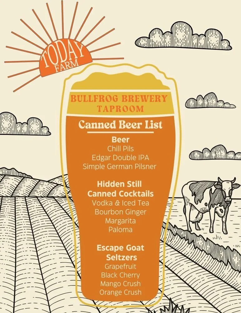 Canned beer and cocktails menu at Bullfrog Brewery Taproom